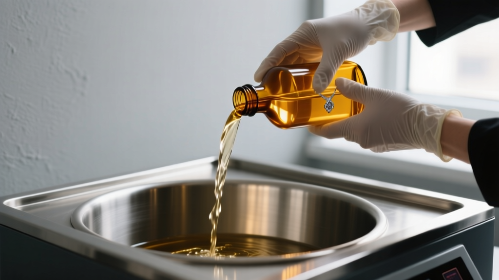 Jeweler in nitrile gloves pouring ultrasonic jewelry cleaner liquid from an amber bottle into a stainless steel ultrasonic tank.