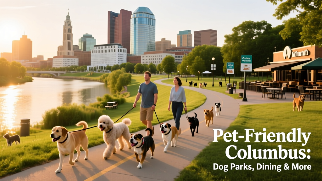 Scenic view of the Scioto Mile trail with dogs walking alongside owners, river and city skyline visible in background