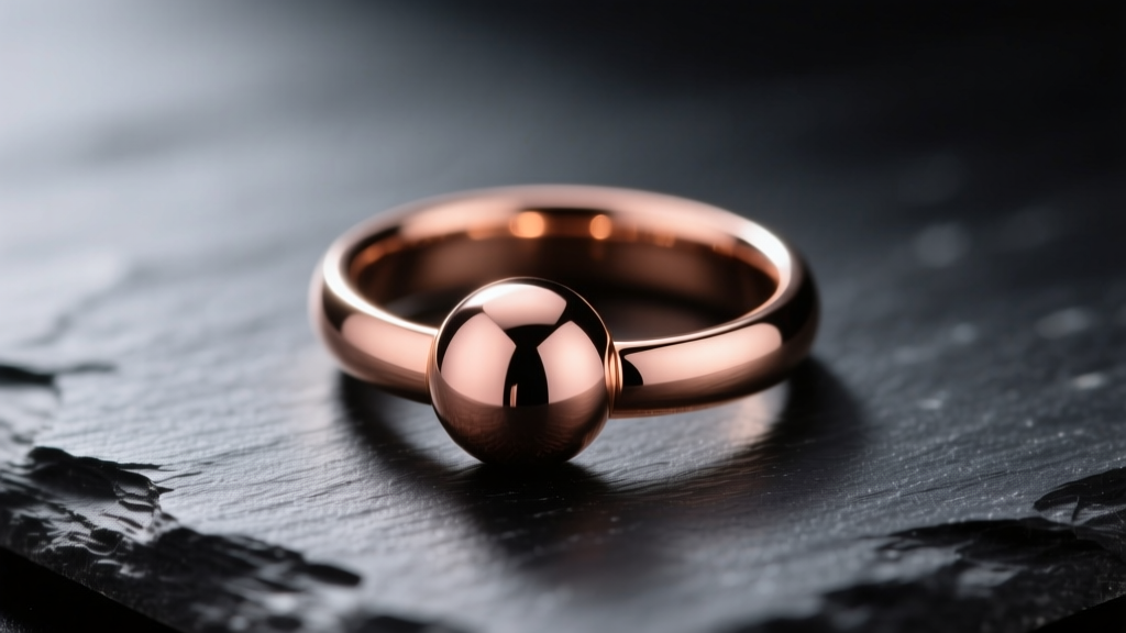 Macro shot of a 16-gauge titanium captive bead ring with a polished rose gold ball resting on dark slate under soft light.