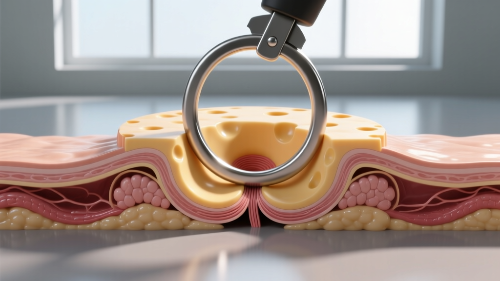 Technical diagram illustrating the cheese-cutter effect on shallow nipple tissue caused by an oversized heavy steel ring