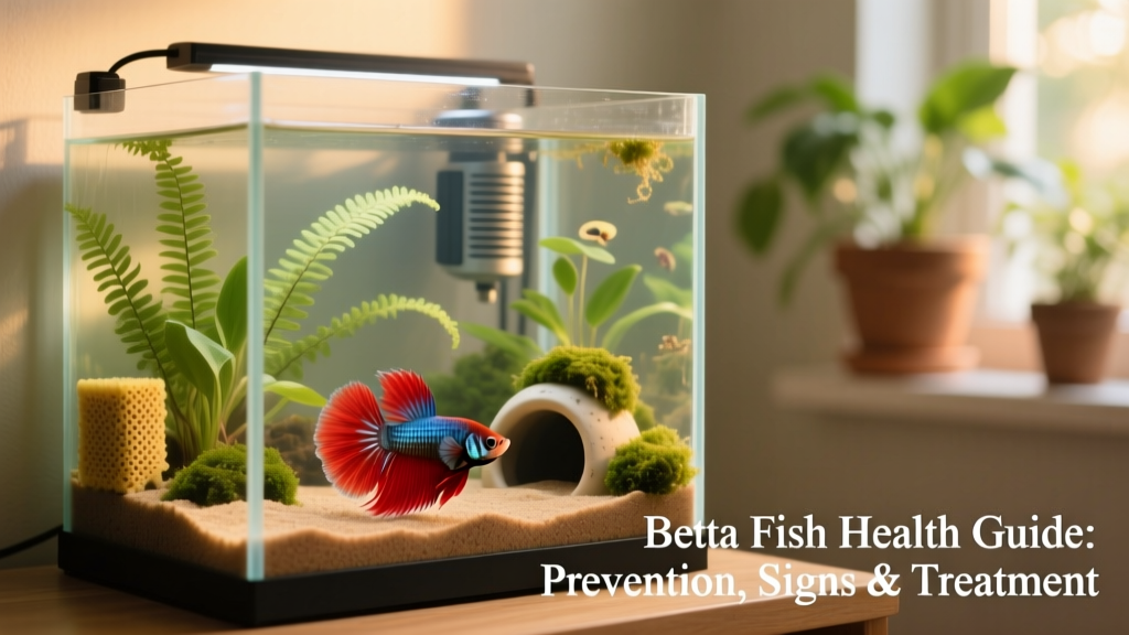 Well-maintained 5-gallon betta aquarium with heater, sponge filter, live plants, and soft substrate