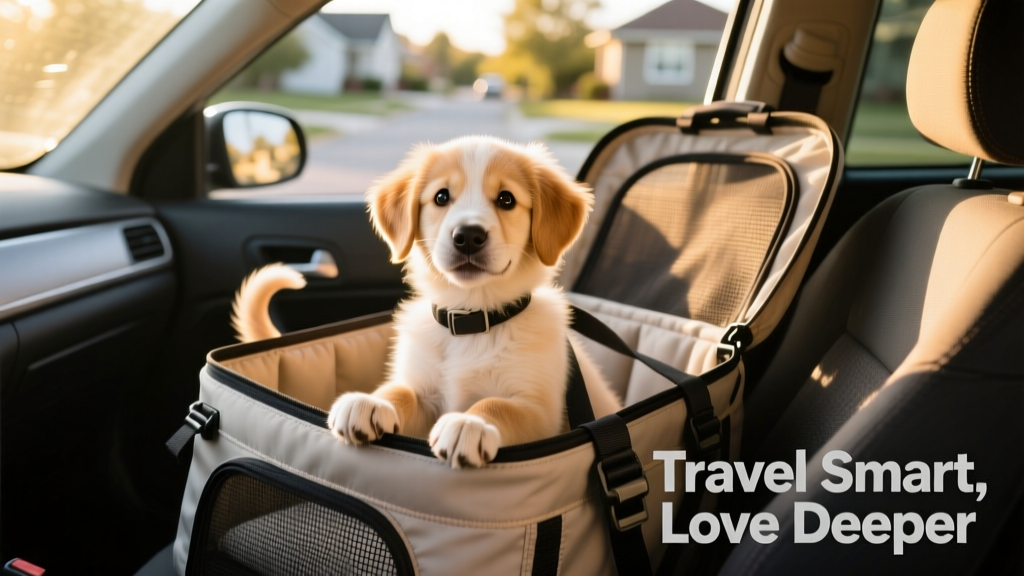 A joyful newly adopted puppy sitting inside an open, well-ventilated soft-sided carrier in a car seat