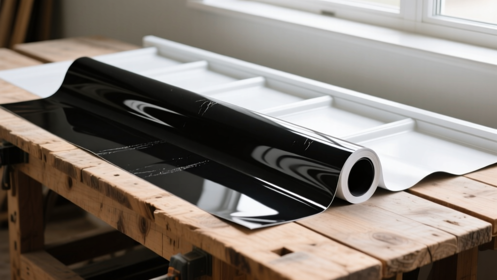 Glossy black automotive vinyl wrap material resting next to a matte white architectural PVC roofing membrane on a wooden workbench