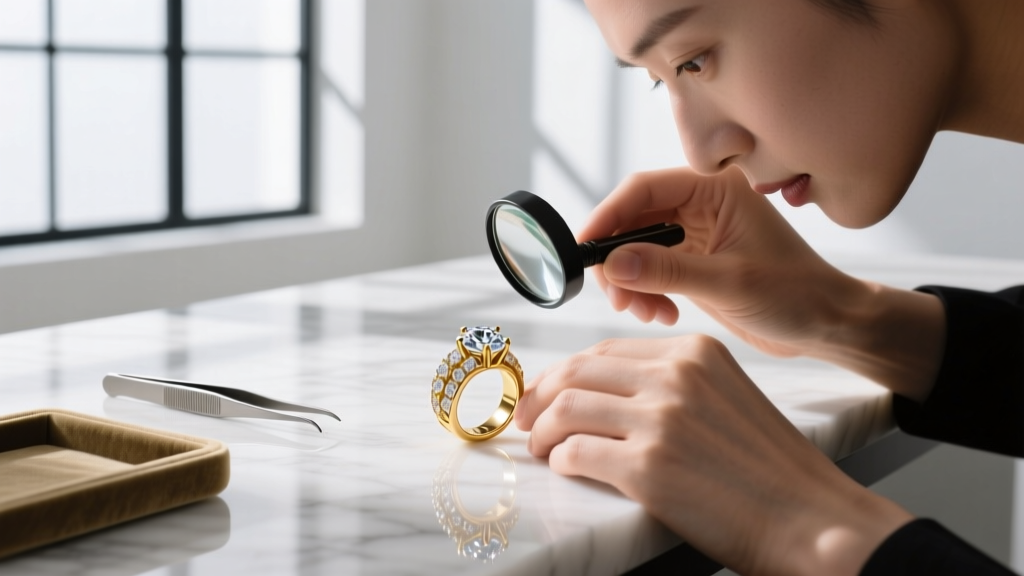Jeweler's loupe inspecting a stamped 14k hallmark on the inner band of a yellow gold wedding ring under bright LED lighting.
