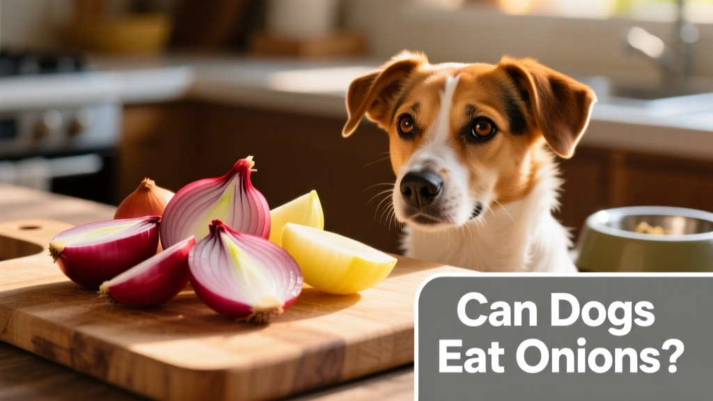 Close-up of raw red and yellow onion slices next to a curious dog looking away, illustrating the danger of onions for pets