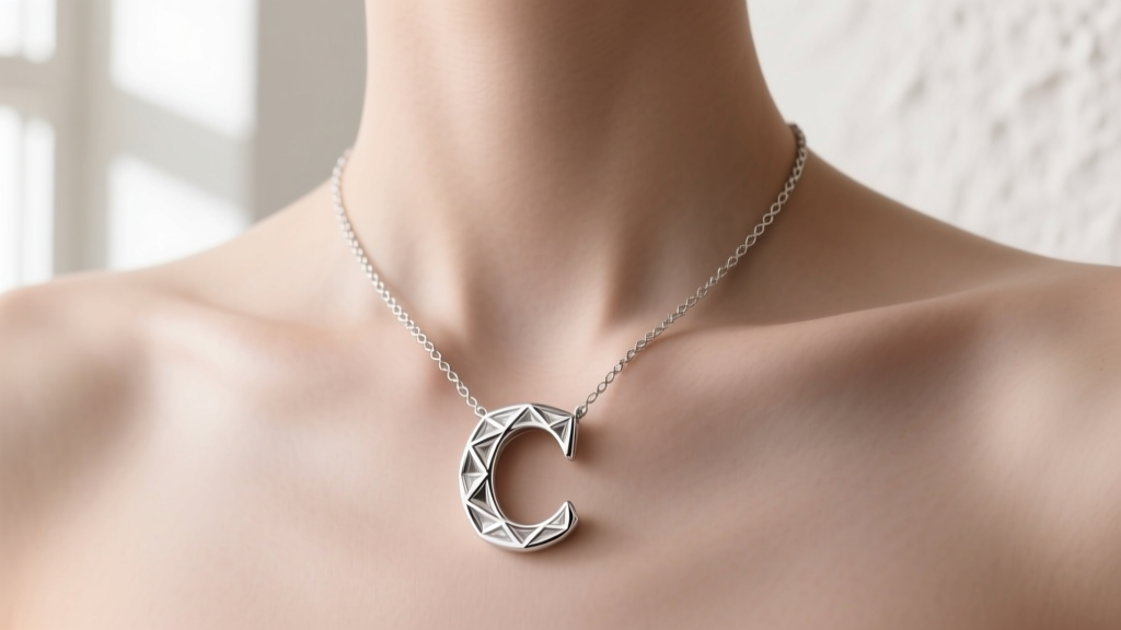 Platinum letter C necklace with a 1.5mm wheat chain draped over a collarbone, showcasing the dense metal
