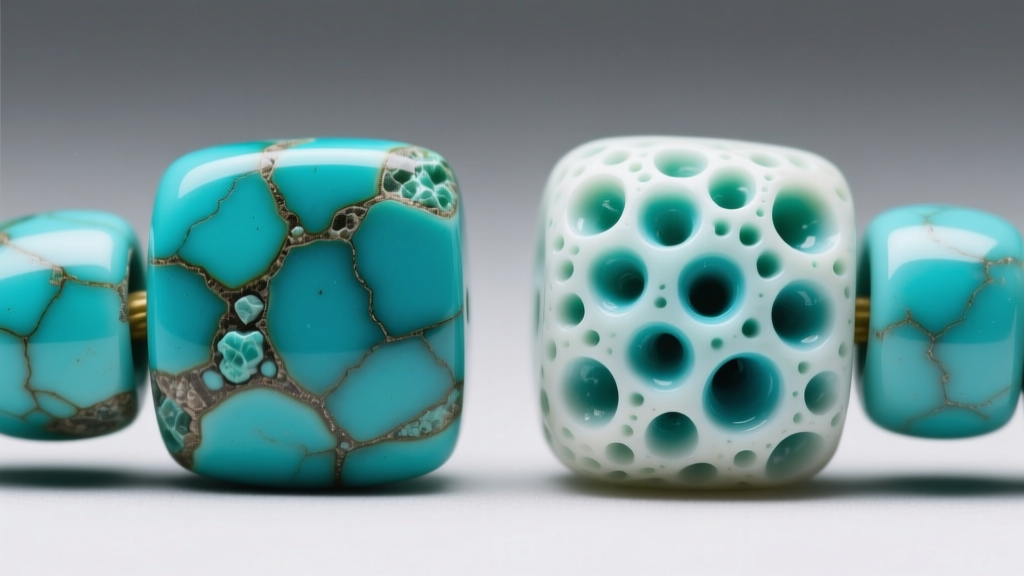 Macro photo comparing genuine turquoise heishi beads with porous dyed howlite imitations highlighting natural matrix variations.