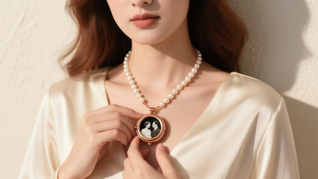 Woman in cream silk receiving an open rose gold pearl locket necklace, revealing a tiny black-and-white photo inside the jewelry.