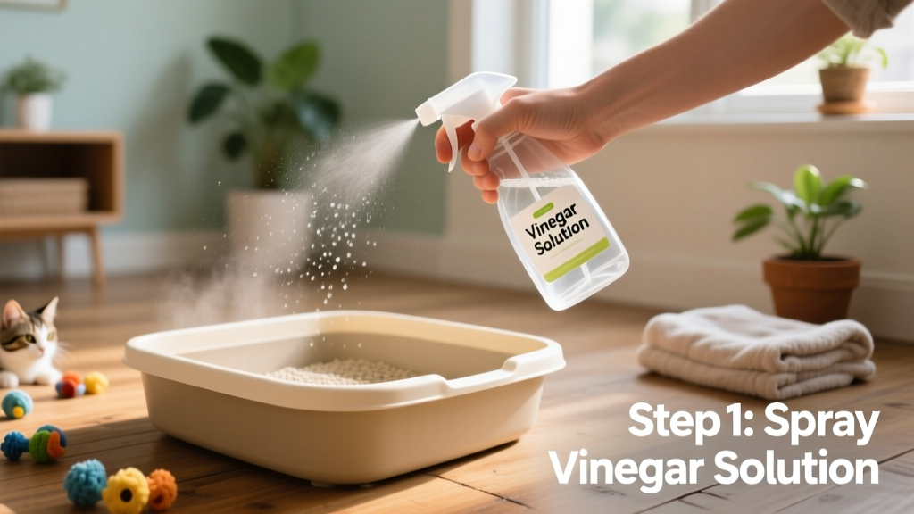 Hand holding a spray bottle labeled 'Vinegar Solution' spraying inside a litter box
