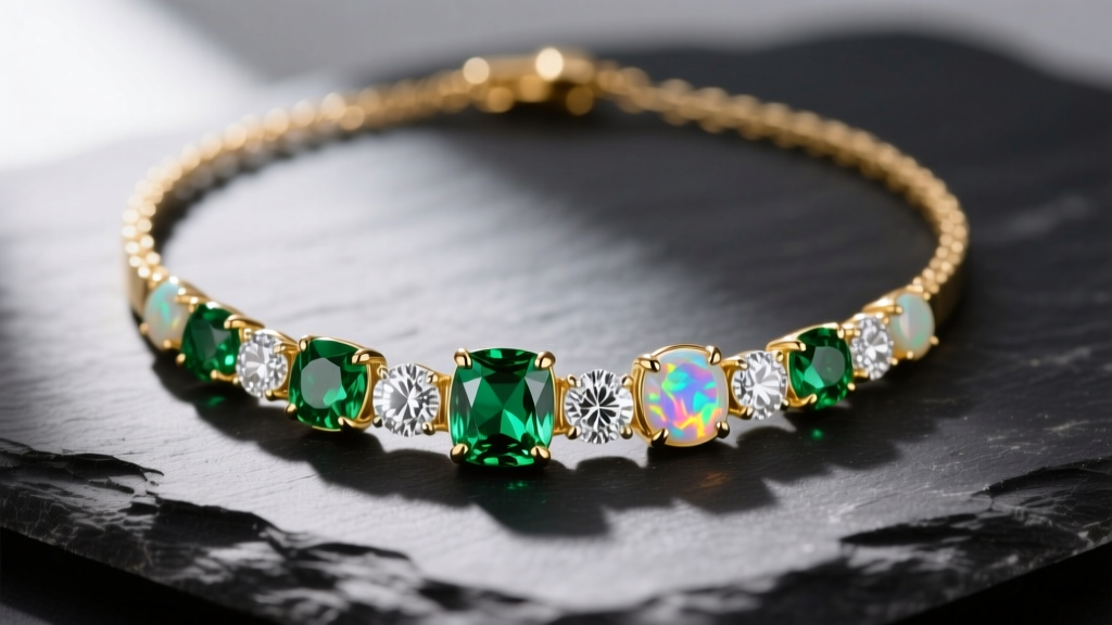 Macro shot of a 14k gold birthstone family necklace with bezel-set diamond, emerald, and opal resting on dark slate