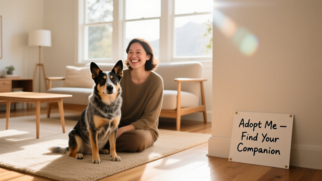 Australian Cattle Dog sitting calmly beside a smiling adult, both in a sunlit living room