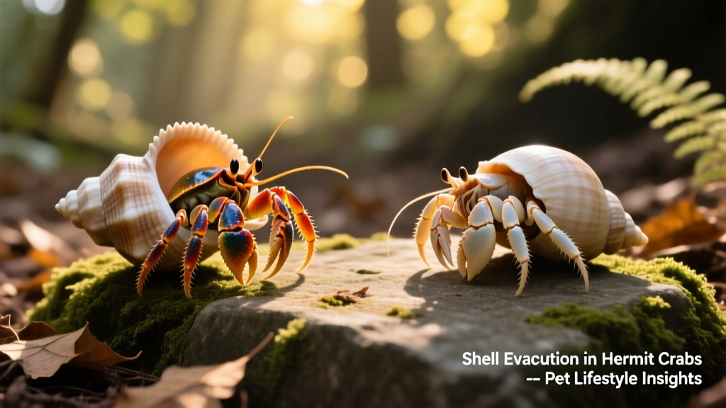 Side-by-side comparison showing a healthy hermit crab in a properly sized shell versus one exposed and vulnerable without shell cover