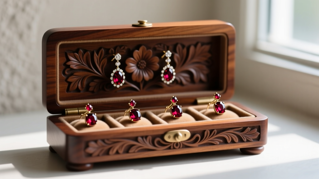 Carved mahogany vintage earring holder with anti-tarnish velvet slots holding delicate Victorian garnet stud earrings