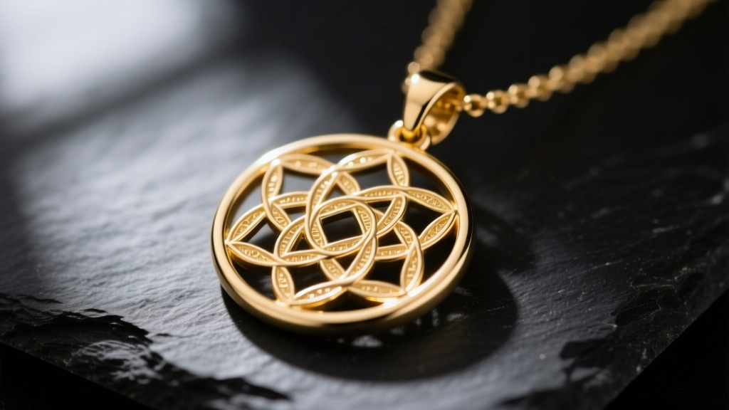 Macro shot of a 14k gold flower of life necklace pendant on dark slate, showing intricate overlapping circles and high polish.