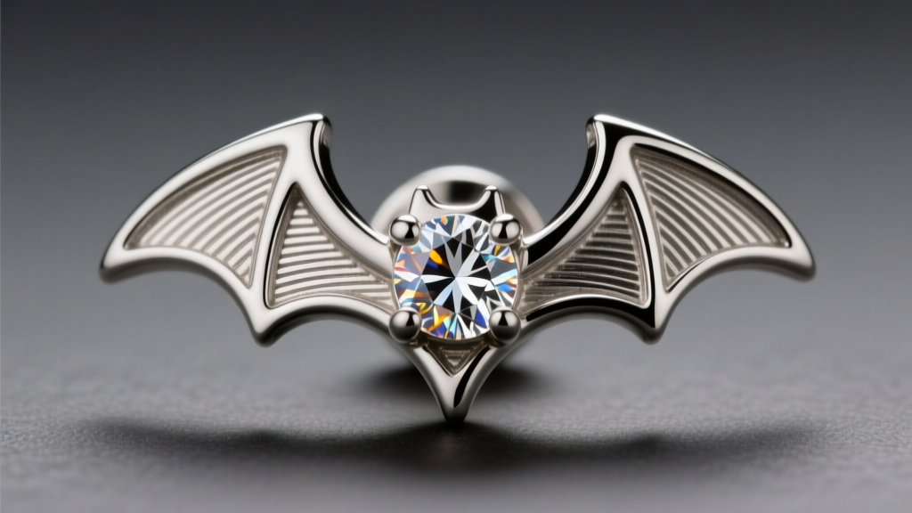 Macro shot of a 316L steel crossed-bats stud earring with a bezel-set zirconia under warm, directional studio lighting.