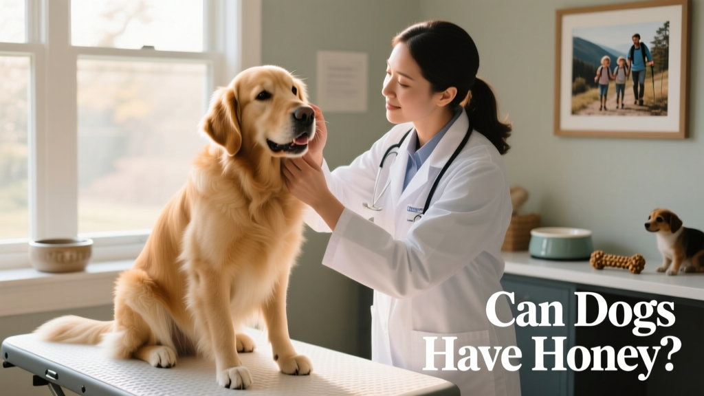 Veterinarian gently examining a calm, seated dog during a wellness check