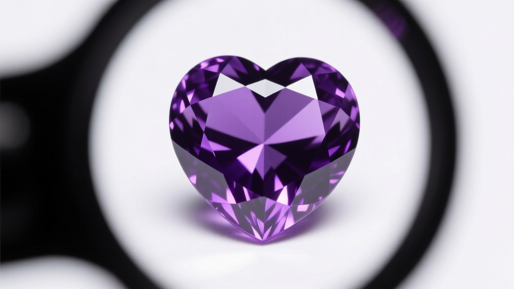 Jeweler loupe view of a 15mm purple sapphire heart gemstone showing cleft depth and facet alignment under bright studio lighting