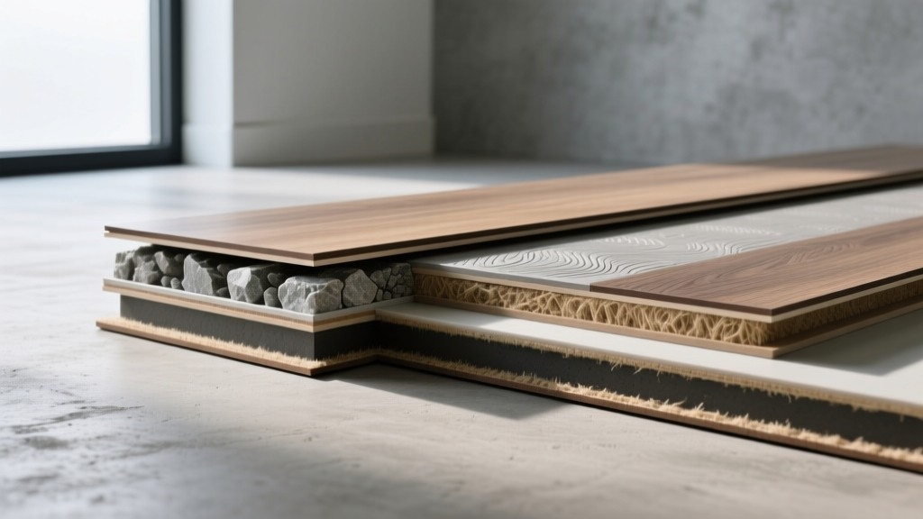 Cross-section of luxury vinyl plank showing waterproof SPC core, wear layer, and underlayment resting on a concrete subfloor