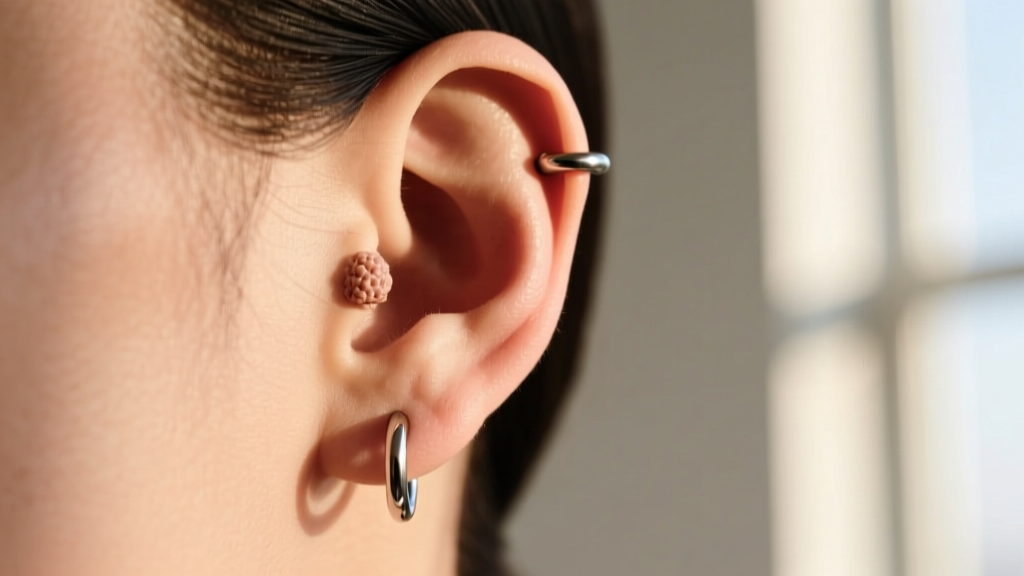 Side profile of a human ear wearing a 16-gauge cartilage hoop, highlighting a small hypertrophic bump near the piercing fistula.