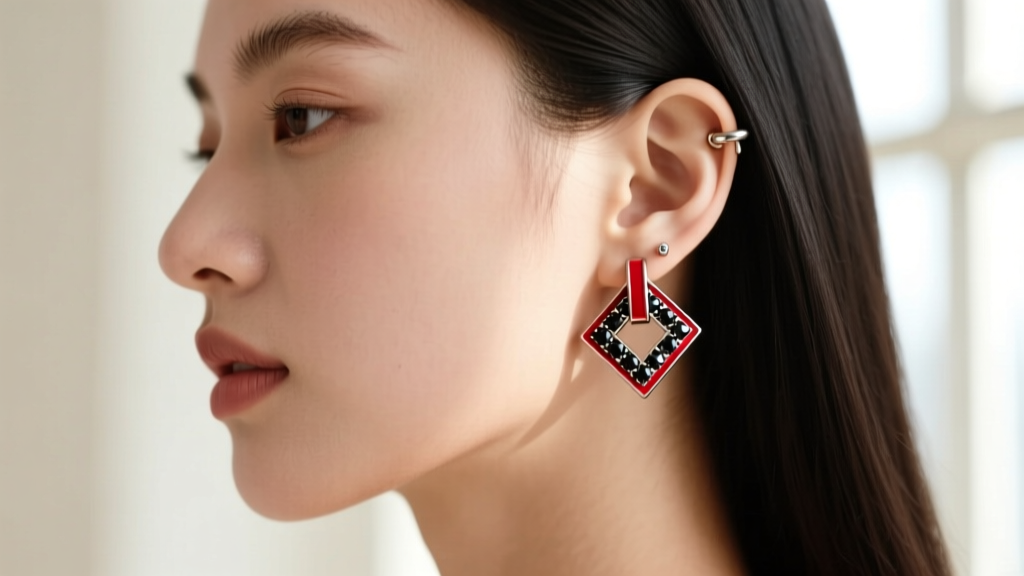 Side profile of a model wearing an 18-gauge red enamel and black diamond helix cuff earring on upper cartilage against soft skin