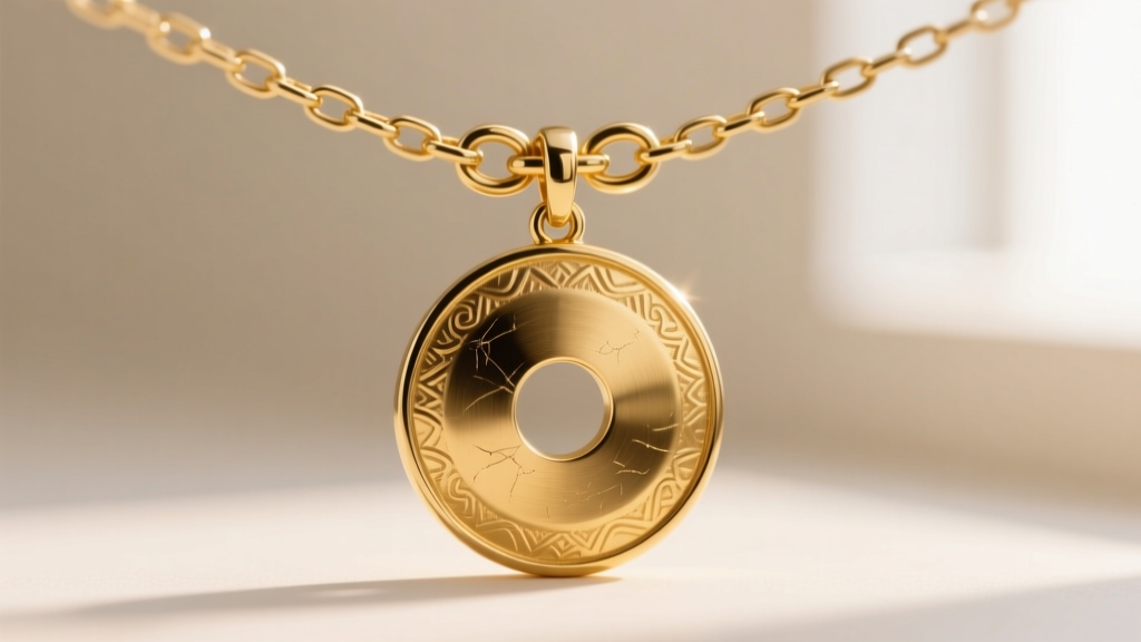 Macro shot of a double-bail slider on a flat box chain securing a large circular gold gong pendant against a neutral background.