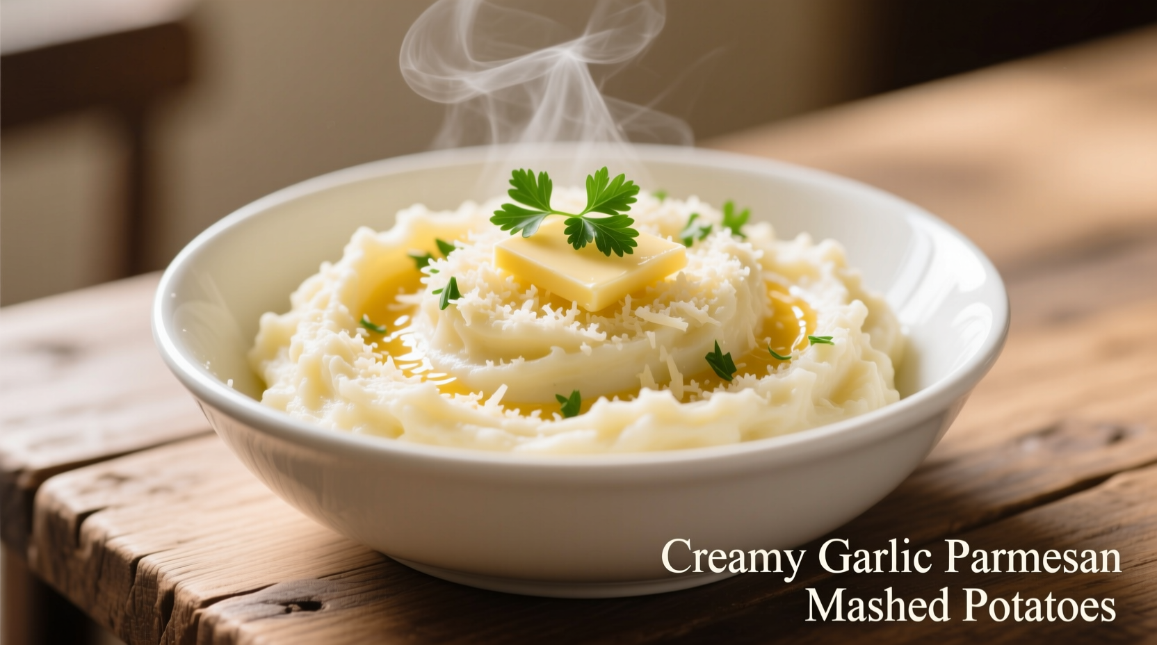 Creamy garlic parmesan mashed potatoes in white bowl