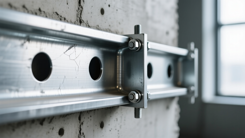 Close-up of structural cold-formed steel tracks and studs bolted on concrete, showing galvanized coating and web punch-outs.