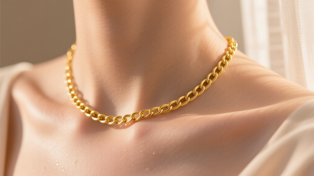 Macro shot of a 0.8mm 14k yellow gold cable chain resting on a collarbone, catching soft morning light against warm skin tones.