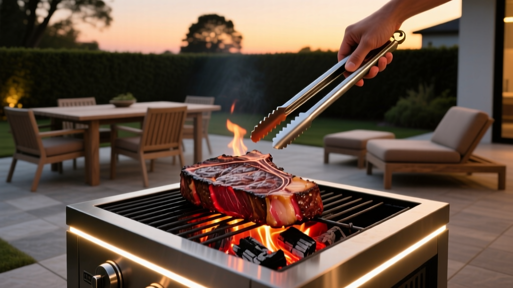 Backyard patio setup at dusk with illuminated LED grilling tongs flipping a thick ribeye steak over glowing charcoal