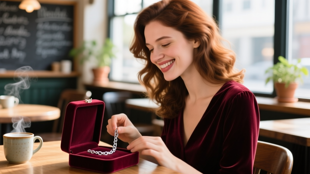 Woman opening a velvet box with a delicate silver paperclip chain, gifted by a friend in a warm cafe, showing candid joy.
