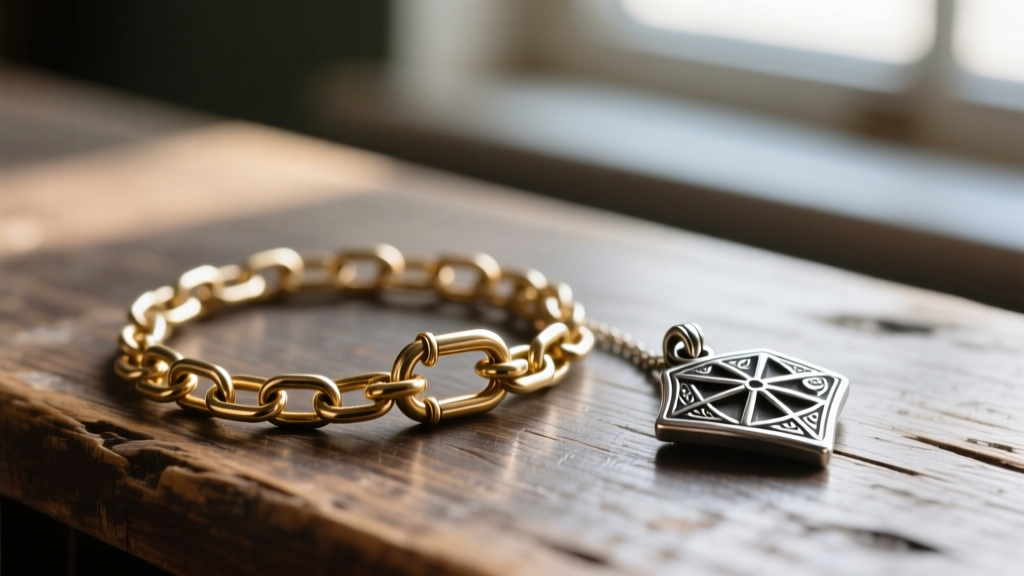 Macro view of a 2mm brass rolo chain with a lobster clasp beside a polished pewter horcrux pendant on a rustic wooden desk.