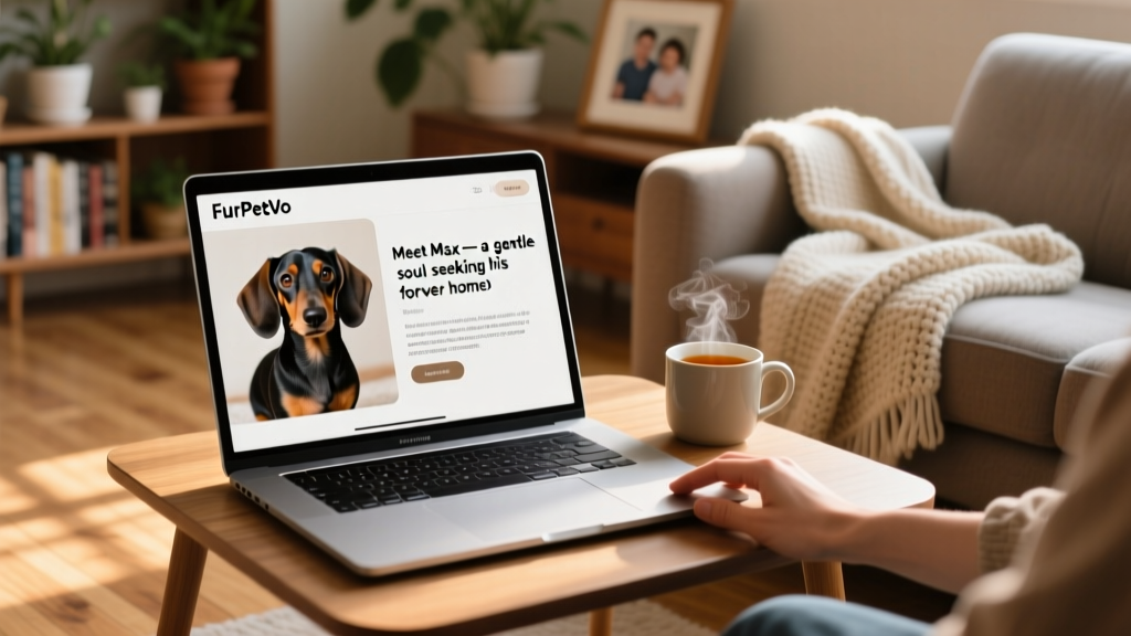 A laptop screen showing a FurPetVo profile page with photos and bio of a Dachshund, open on a cozy living room table