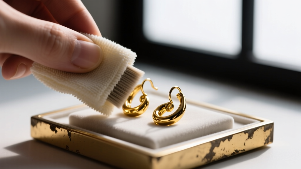 Close-up of a soft microfiber cloth polishing a tarnished brass earring from a multipack, revealing bright gold plating underneath