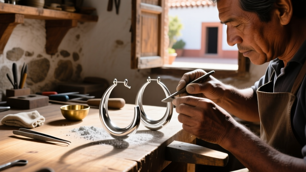 Artisan polishing 8-gauge sterling silver continuous hoop earrings at a Taxco workshop, illuminated by bright natural window light
