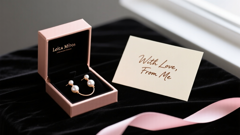 Flat lay gift box of rose gold pearl threader earrings on dark velvet with a handwritten greeting card and silk ribbon