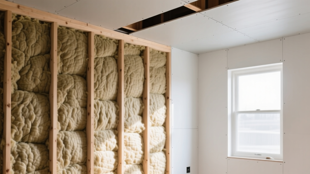 Framed interior wall exposing dense mineral wool insulation between wooden studs, with drywall being installed for soundproofing