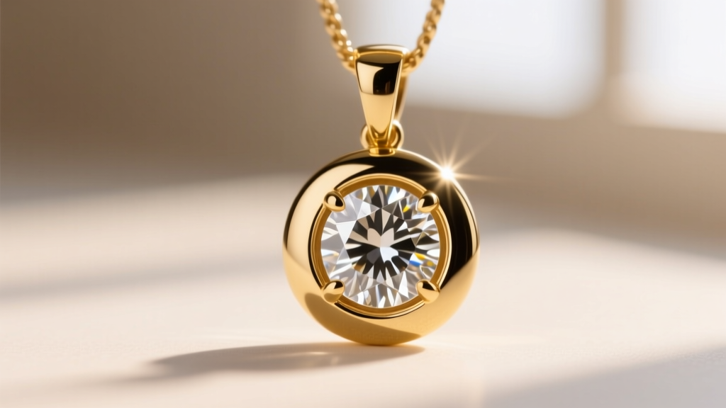Close-up of a 14k gold bezel-set diamond pendant showing the smooth metal rim securing the gem against a softly blurred backdrop