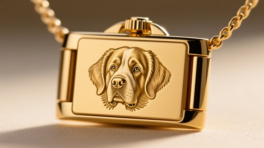 Extreme close-up of a Swiss St. Bernard dog head hallmark stamped inside a solid 18k gold Rolex necklace clasp under bright light.