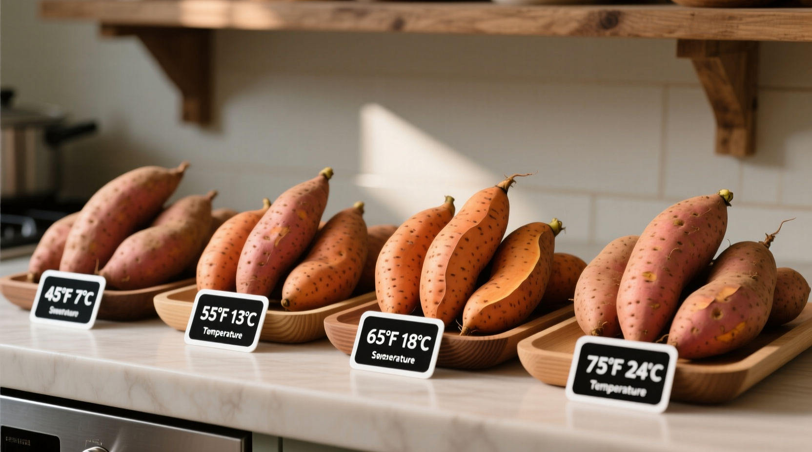 Sweet potatoes arranged by optimal storage temperature