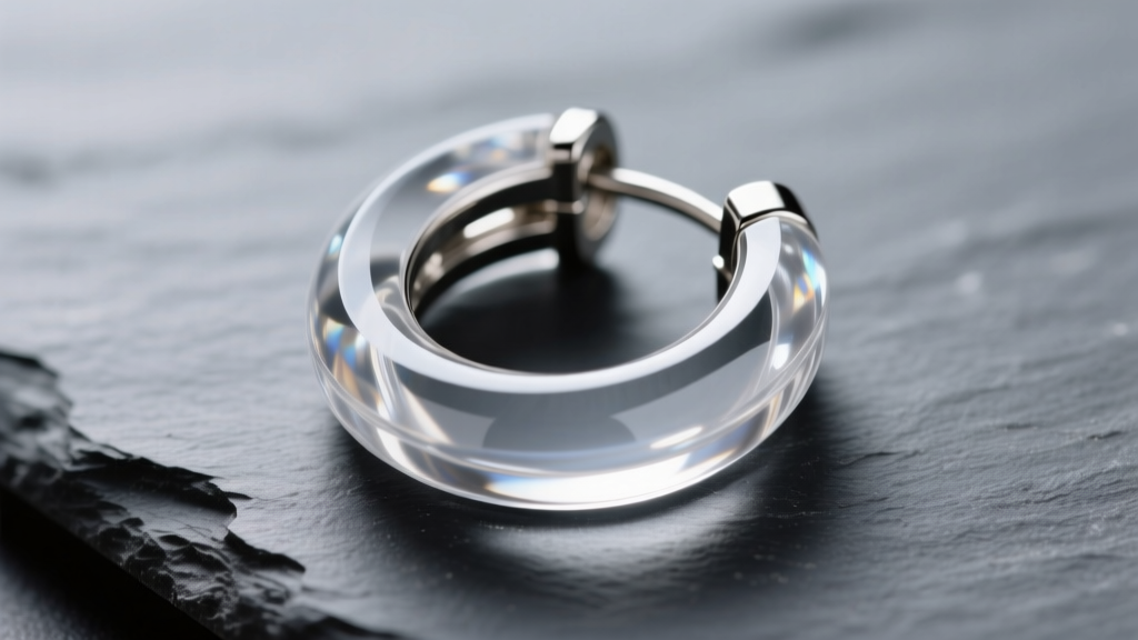 Clear lucite hoop earring macro shot on dark slate, showing seamless titanium hinge integration and high optical clarity.