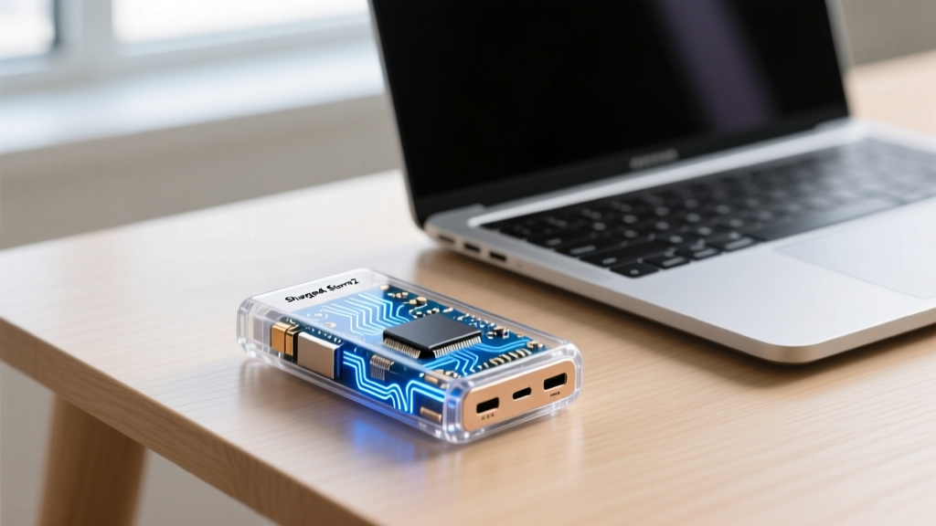 Close-up of a transparent Shargeek Storm2 power bank showing internal battery cells and circuitry resting on a wooden desk next to a laptop