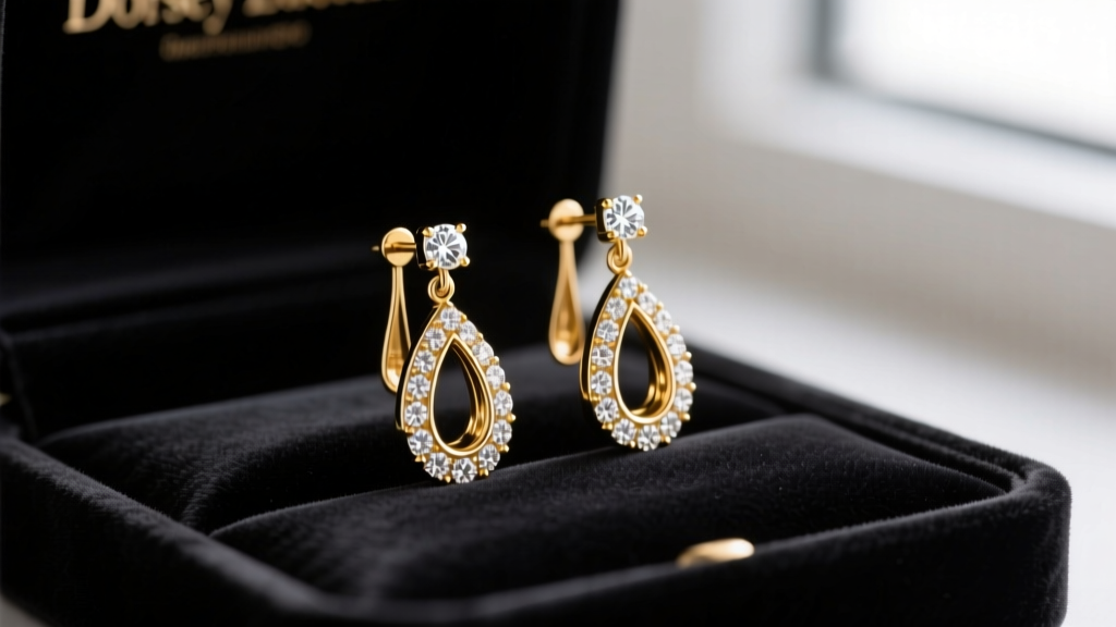 Close-up of elegant 18k gold Dorsey Lucien drop earrings featuring pave diamonds resting on a dark velvet jewelry cleaning tray.