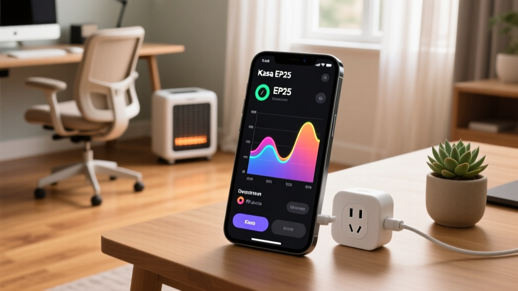 A smartphone app interface showing real-time energy consumption graphs from a Kasa EP25 smart plug connected to a home office space heater.