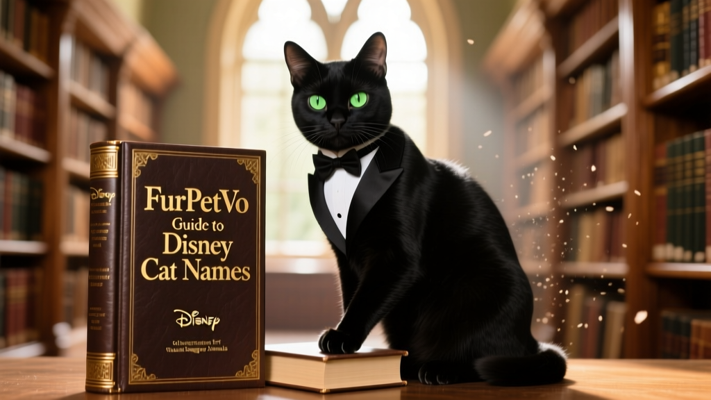 A tuxedo cat sitting regally beside a vintage-style book titled 'FurPetVo Guide to Disney Cat Names'