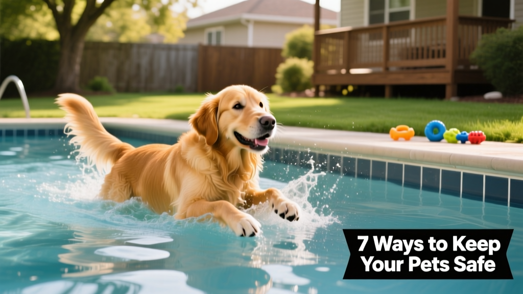 A Golden Retriever confidently swimming in a backyard pool with gentle water spray