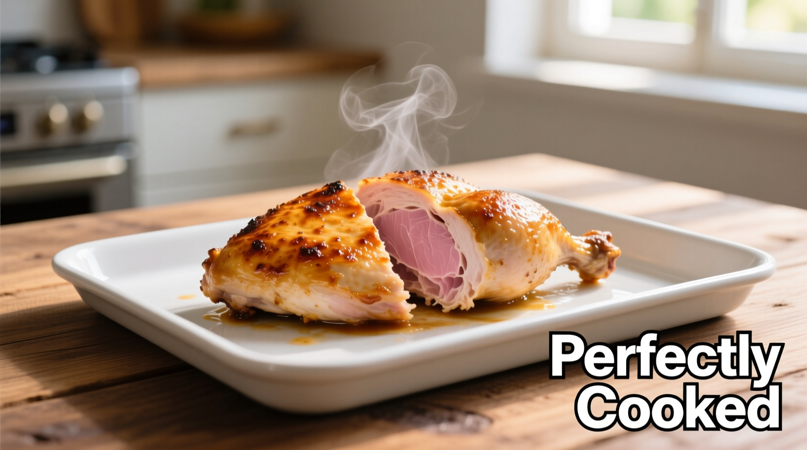 Perfectly cooked chicken breast on baking sheet