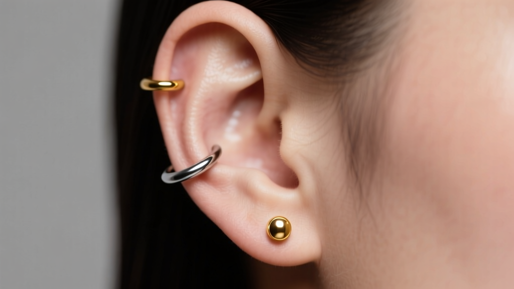 Close-up of a model ear wearing a 16g titanium helix hoop and 20g gold lobe stud, showing piercing anatomy in soft studio light
