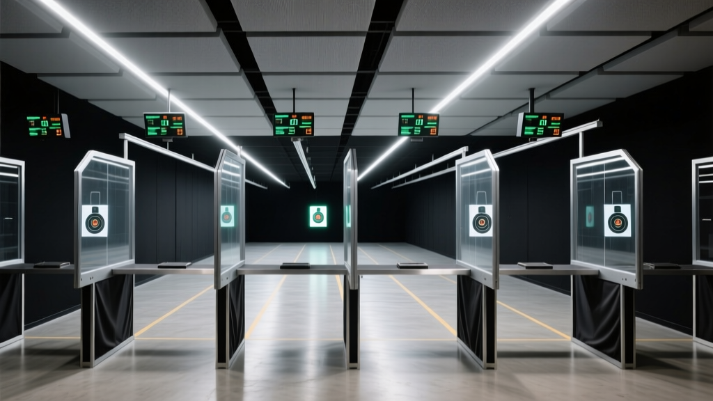 Modern 10-lane indoor shooting range with LED target systems, acoustic ceiling baffles, and steel-reinforced shooting booths under bright lighting