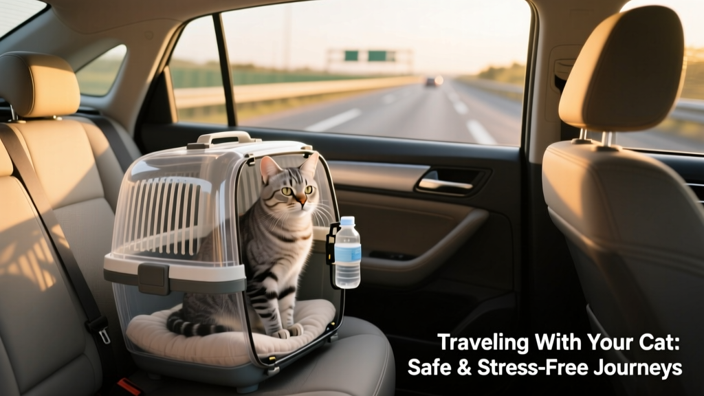 A calm cat sitting inside a secure, well-ventilated pet carrier placed on the back seat of a car