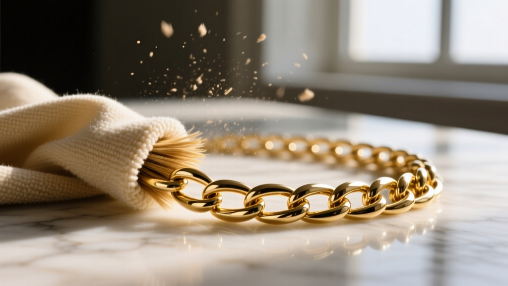 Macro shot of microfiber cloth buffing a 14k gold chain, showing contrast between bright cleaned links and dull tarnished sections.